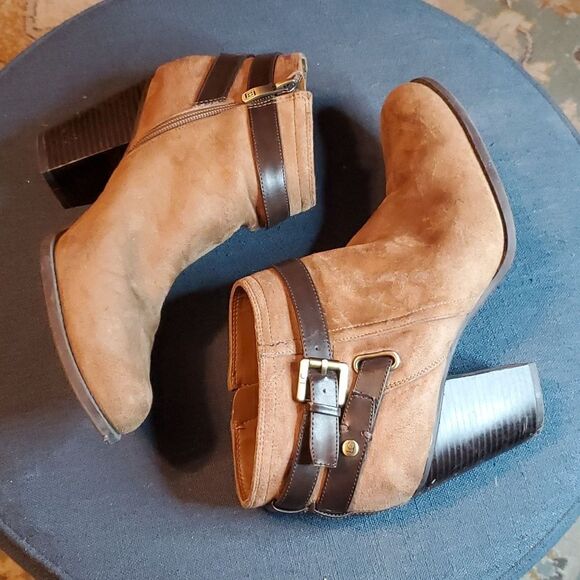 Liz Claiborne Brown Suede Ankle Boots with Leather Strap - Block Heel - Size 10 - Picture 5 of 10